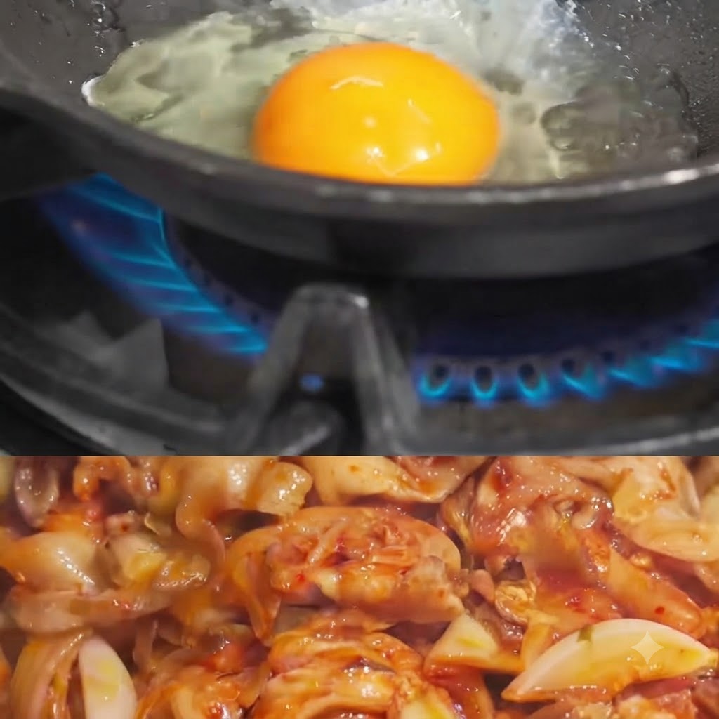 Primo piano di un uovo crudo che si rompe in una padella calda con olio che bolle su una fiamma a gas blu.
