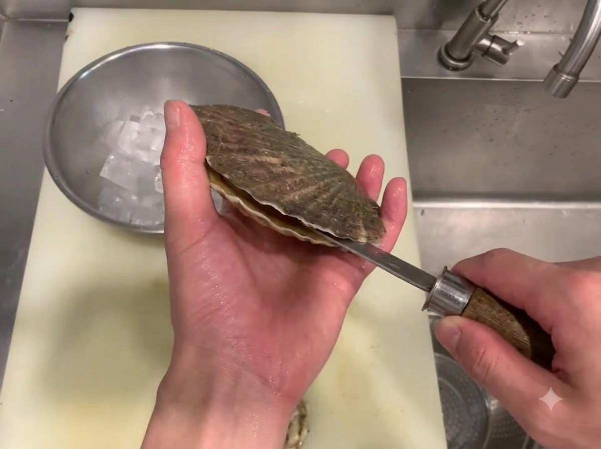 Una mano che usa un coltello per aprire il guscio di una capasanta cruda sopra un tagliere e una ciotola di ghiaccio.