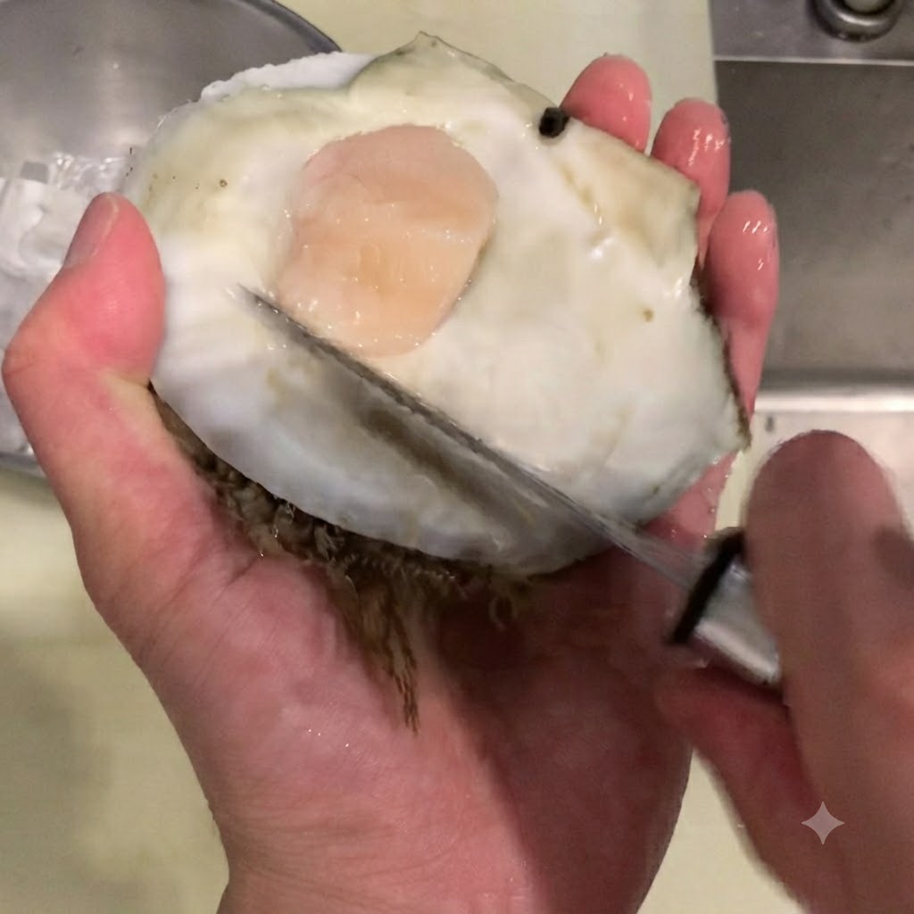 Dita che tirano via gli organi viscerali e il manto dalla capasanta cruda.