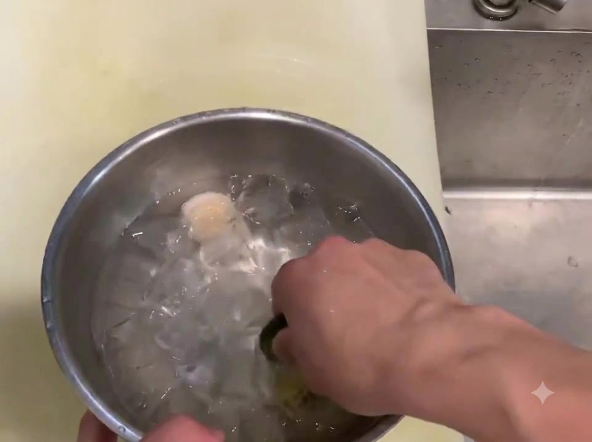 Una mano che fa roteare il muscolo di una capasanta cruda allinterno di una ciotola di metallo riempita con cubetti di ghiaccio e acqua fredda.