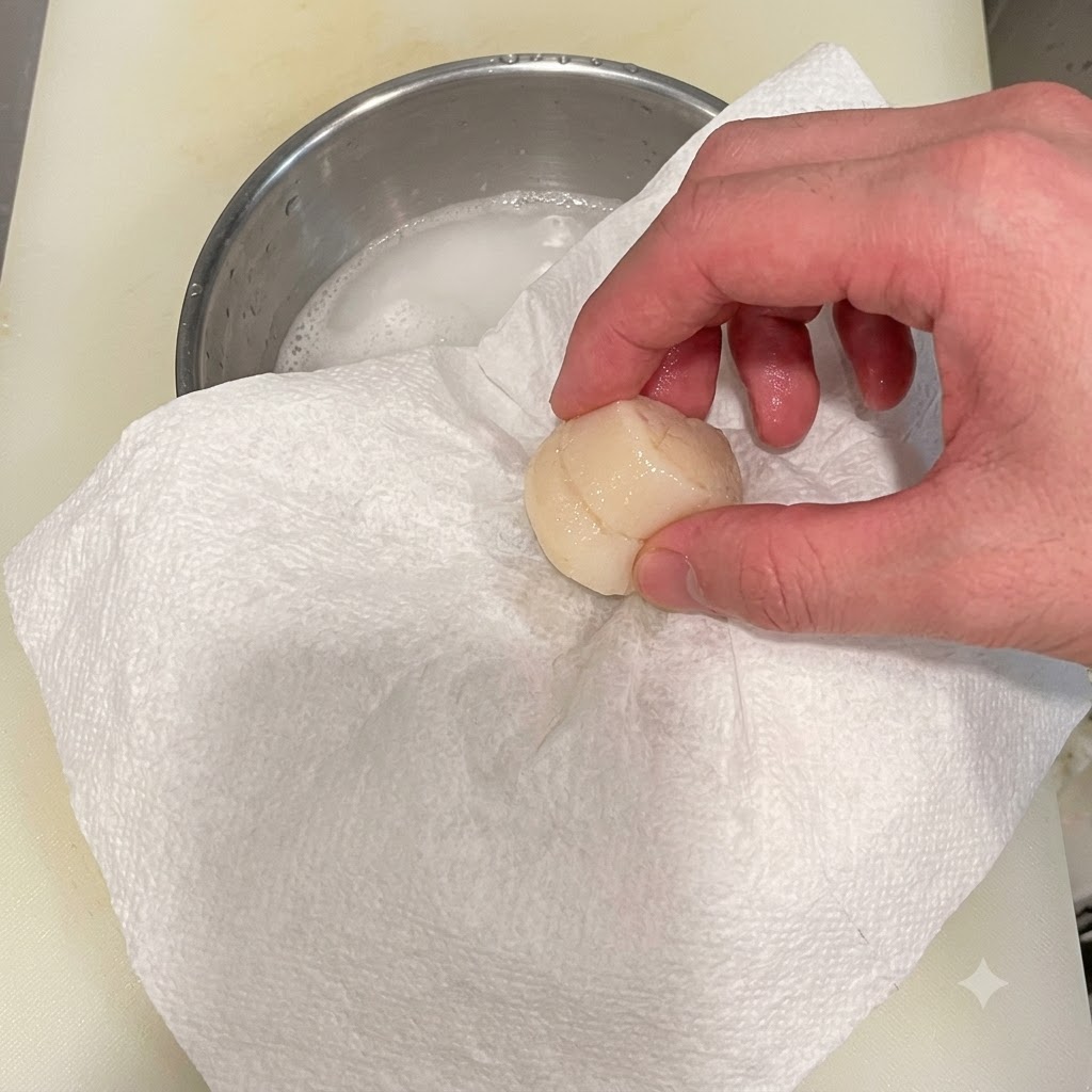 Il muscolo di una capasanta cruda tamponato delicatamente su un tovagliolo di carta bianco.