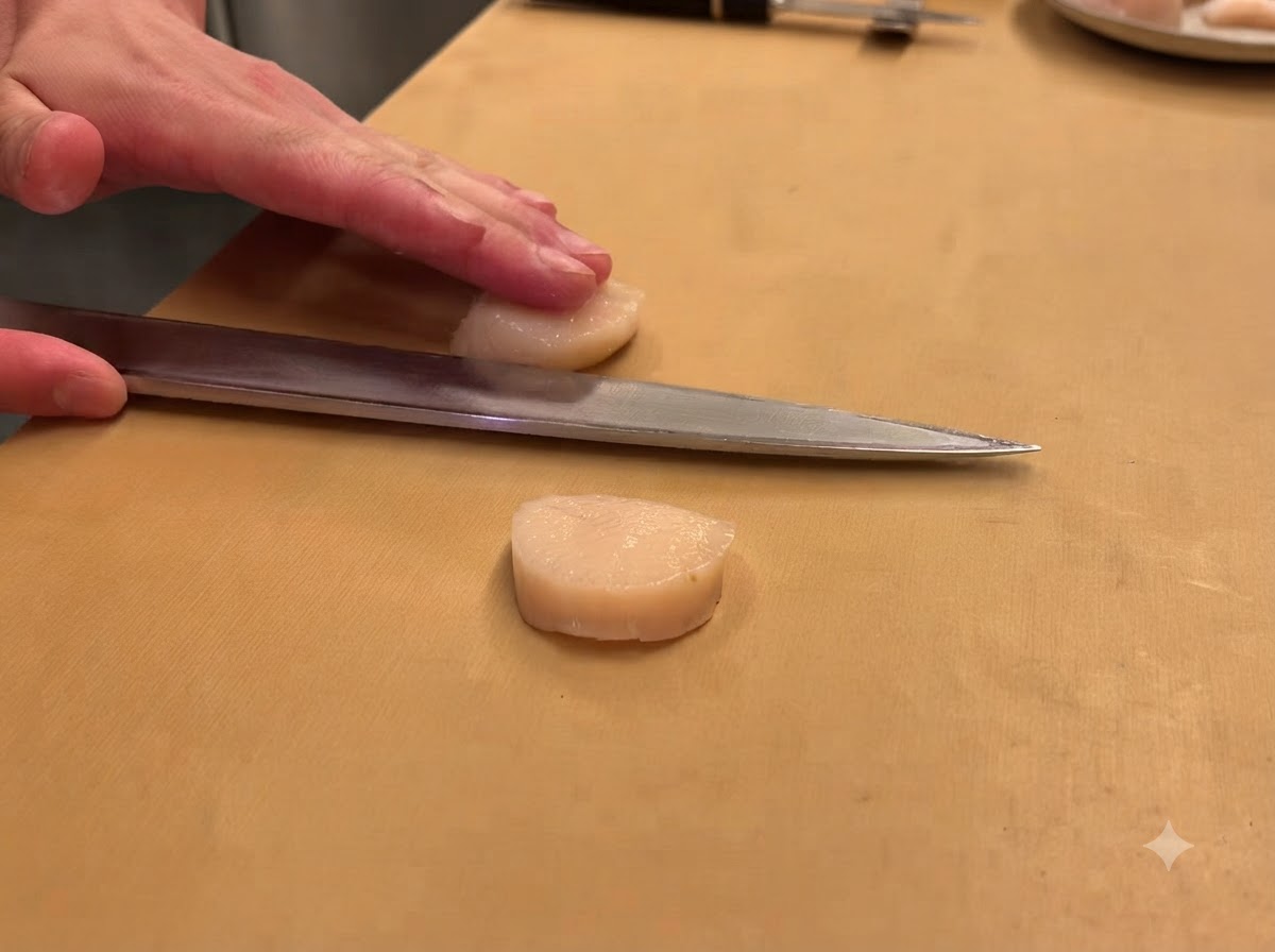 Un coltello affilato che affetta orizzontalmente il muscolo di una capasanta cruda su un tagliere di legno.