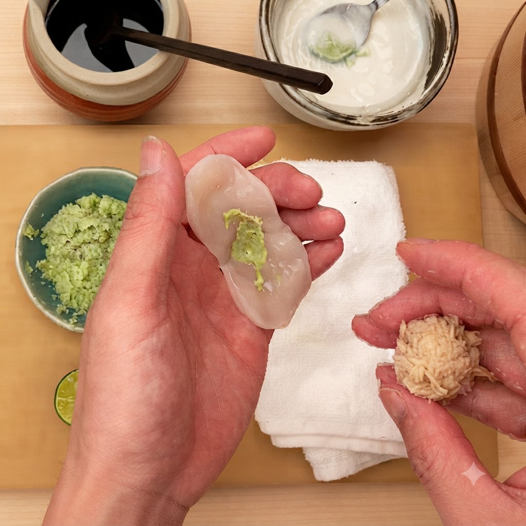 Mani che tengono una fetta di capasanta cruda incisa con wasabi nel palmo e una pallina di riso per sushi preparata nellaltro.
