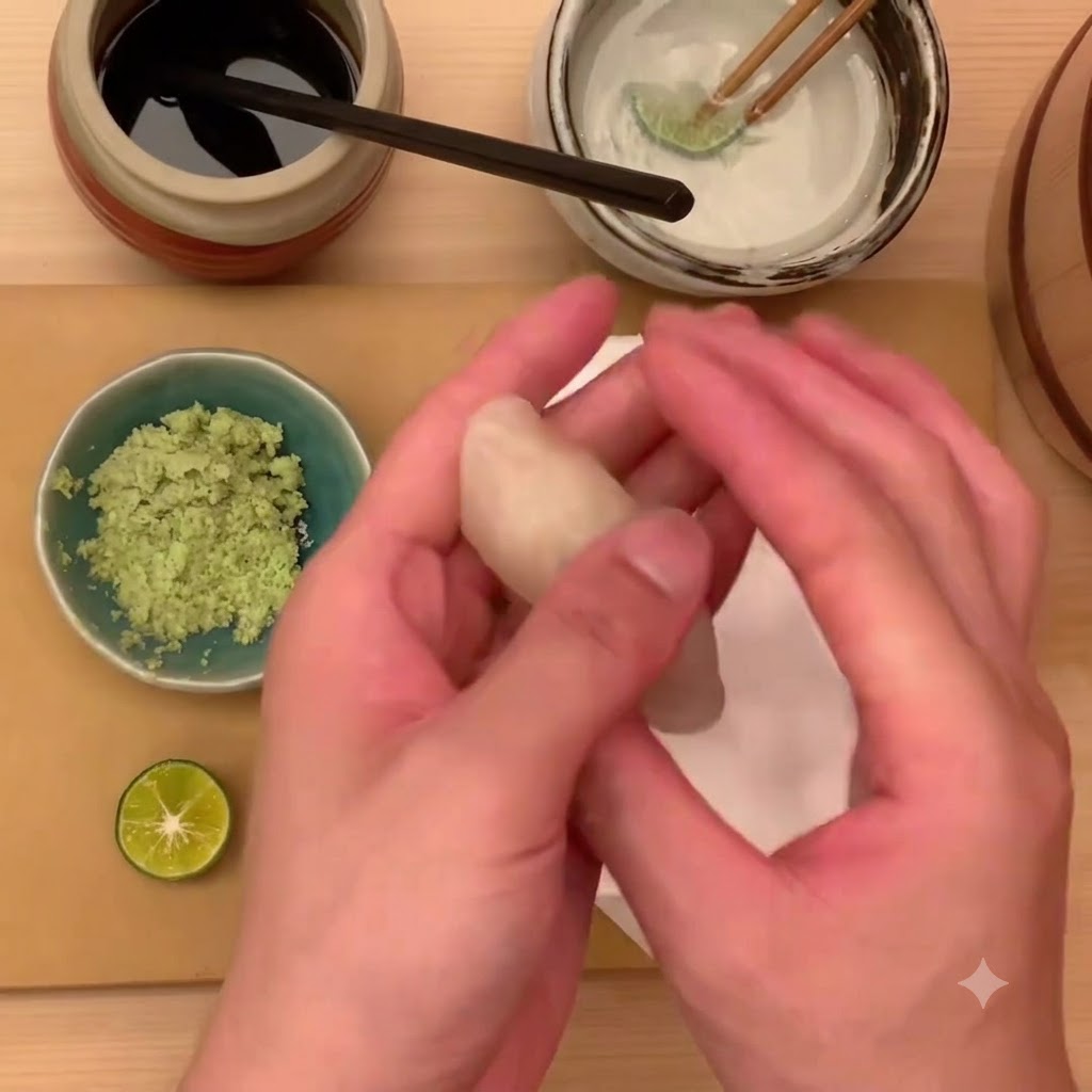 Mani che modellano e plasmano insieme un pezzo di sushi di capasanta su una superficie di stoffa bianca.