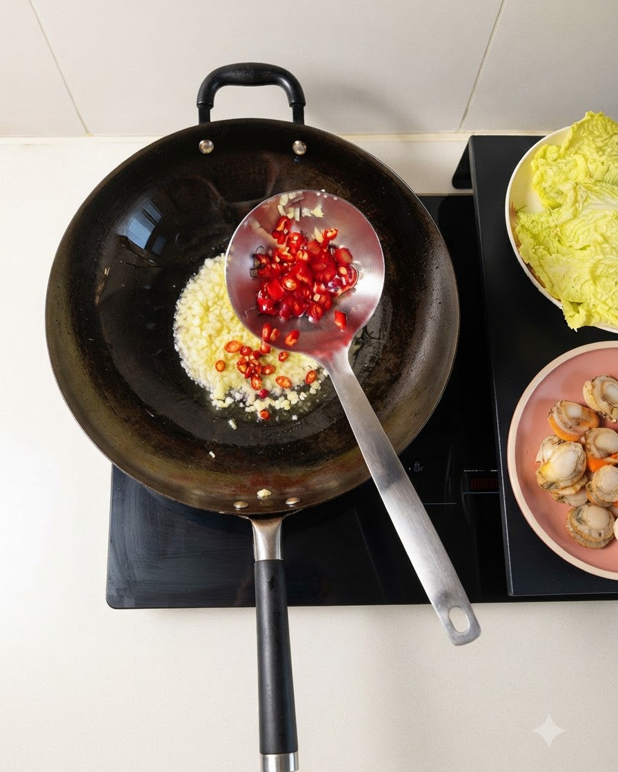 Peperoncini tritati e aglio tritato che friggono insieme in un wok caldo.