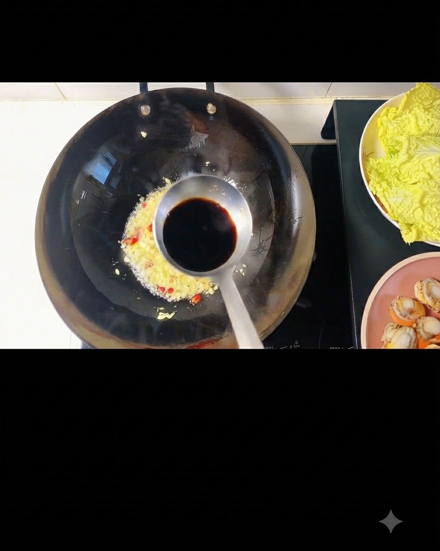 Salsa di soia e salsa di ostriche versate sulla miscela di aglio e peperoncino nel wok.
