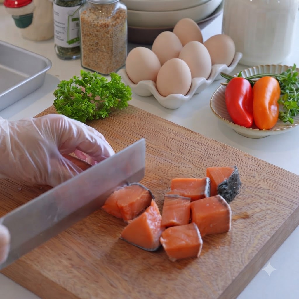 Una mano con guanto che usa un coltello per tagliare a dadini il salmone scongelato su un tagliere di legno.