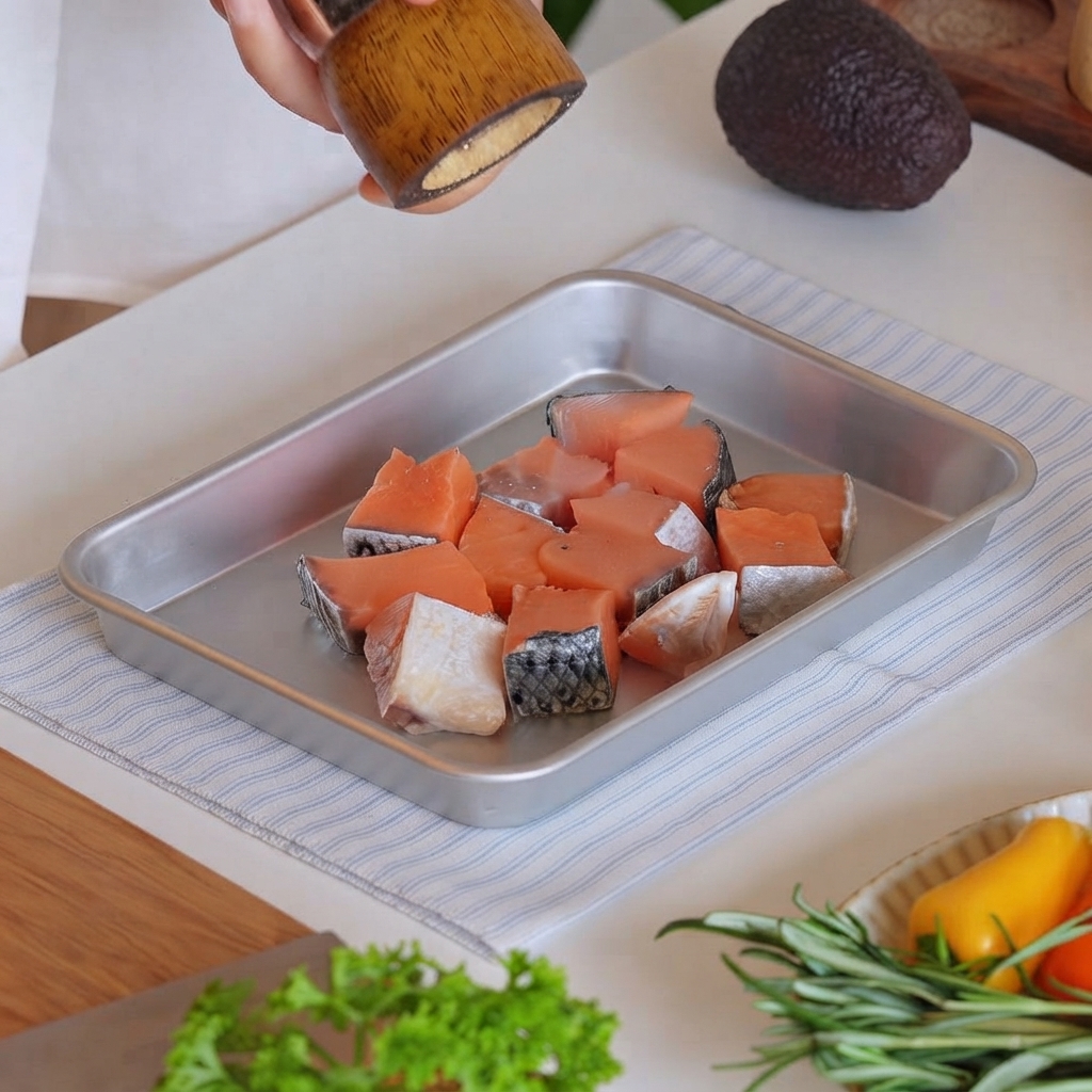 Cubetti di salmone disposti su un vassoio di metallo conditi con pepe nero da un macinino.