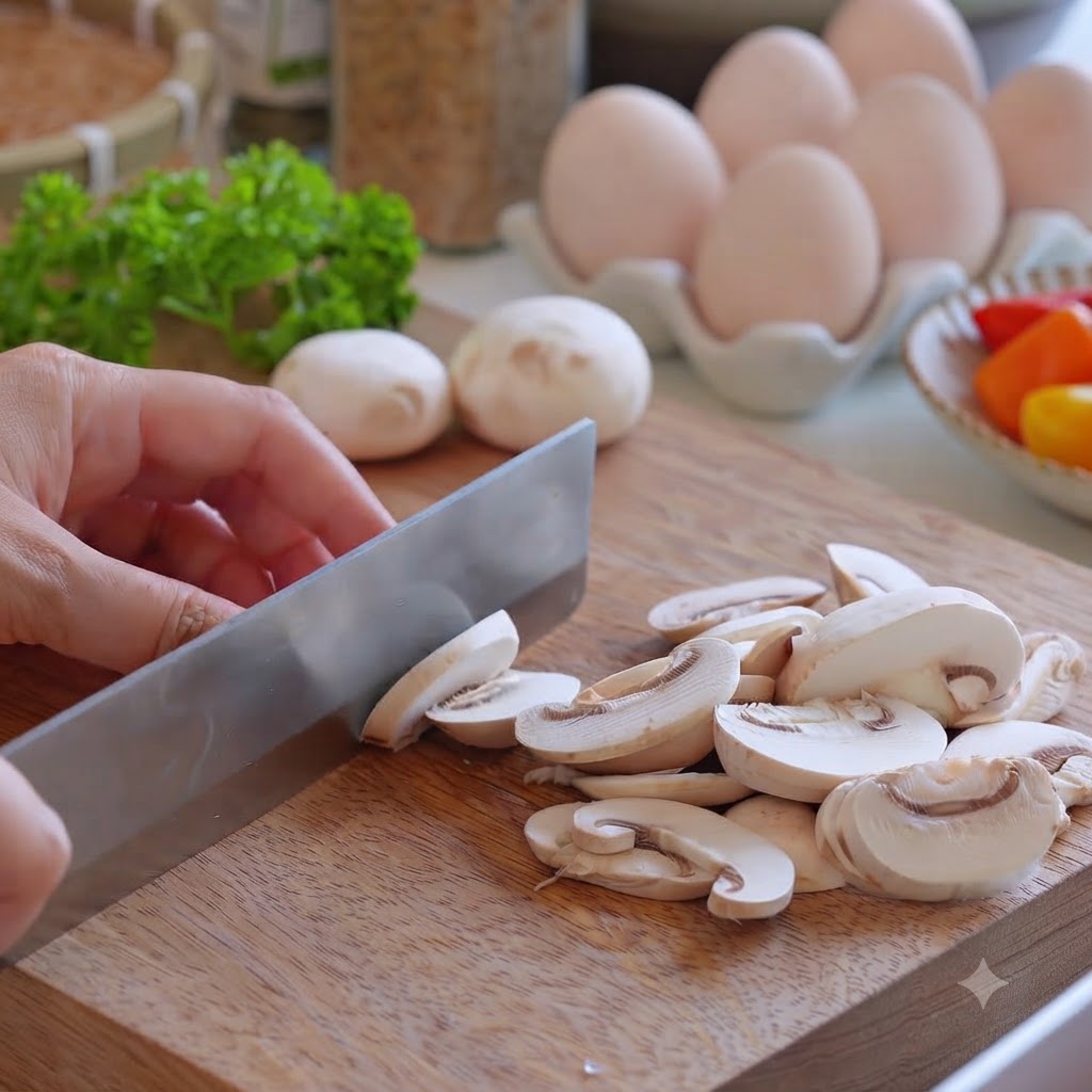 Funghi champignon tagliati con un coltello su un tagliere di legno accanto alla cipolla rossa.