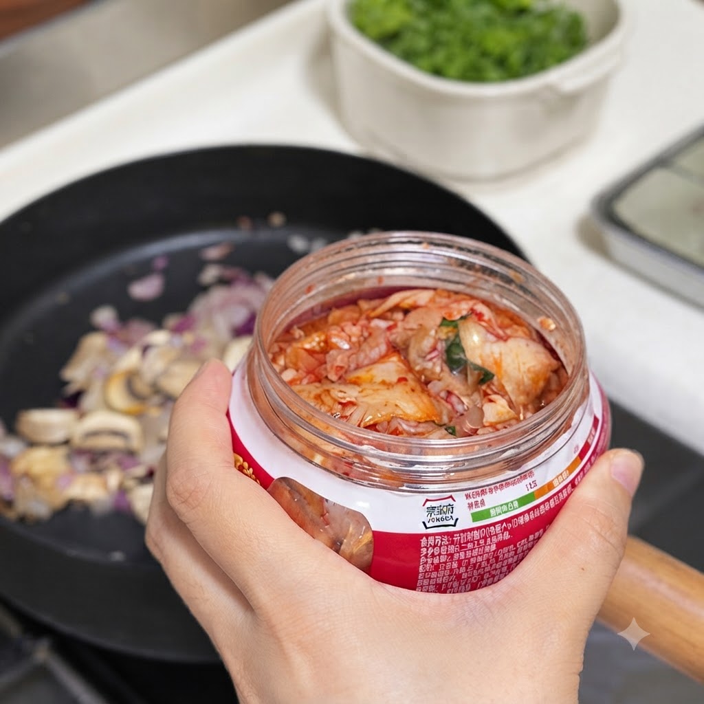 Una mano che tiene un barattolo di kimchi sopra una padella con funghi e cipolle affettati, mentre vengono aggiunte salsa piccante coreana e salsa di soia.