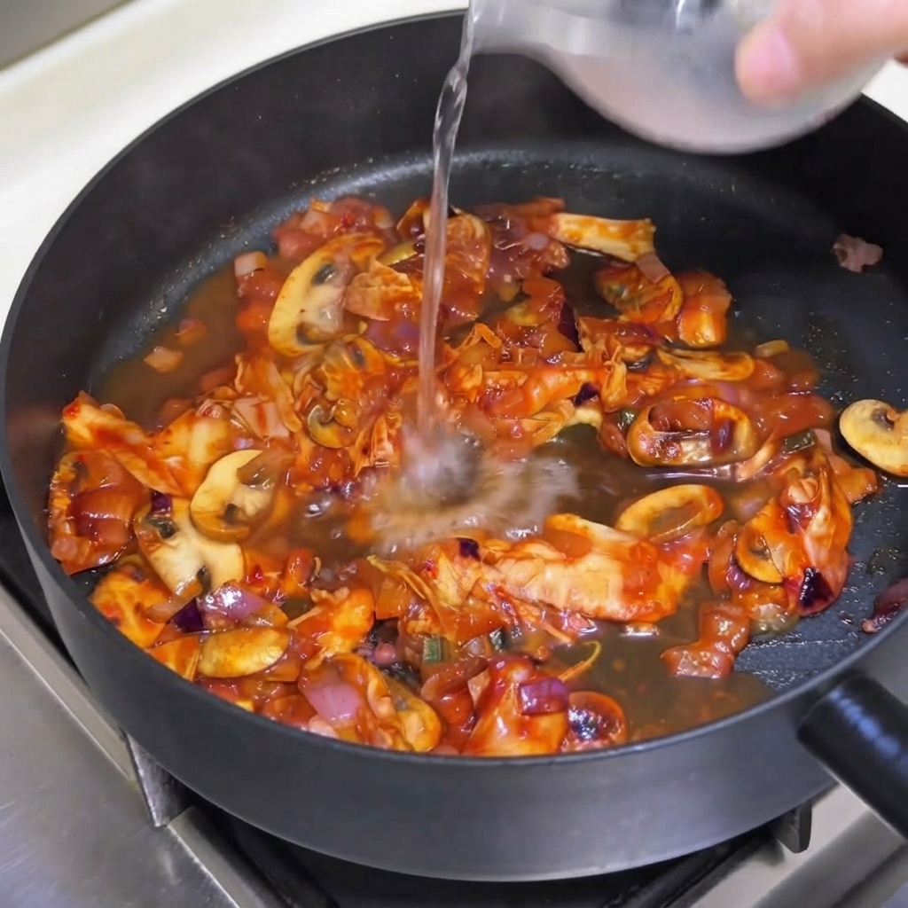 Un goccio dacqua versato da un contenitore in una padella contenente un miscuglio di kimchi, funghi e cipolle.
