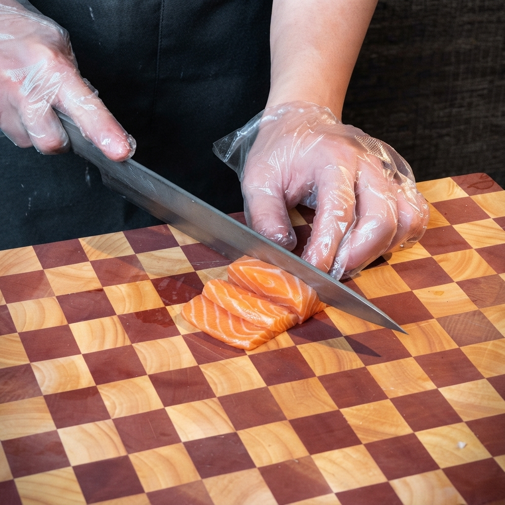 Un coltello da cucina affilato che taglia un filetto di salmone fresco su un tagliere di legno.