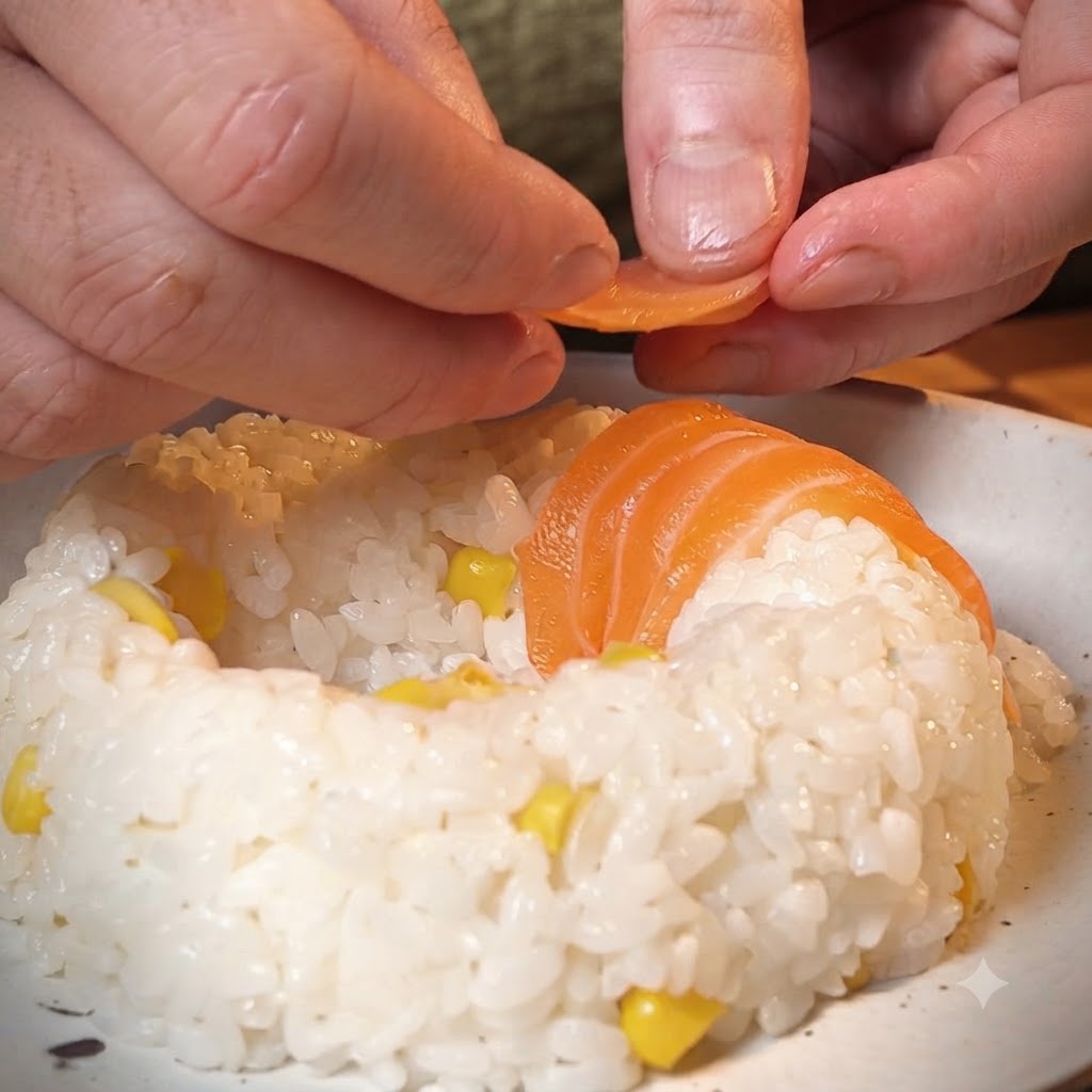 Un paio di mani che dispongono ordinatamente pezzi di salmone affettato in cerchio sopra un mucchio di riso a forma di ciambella.