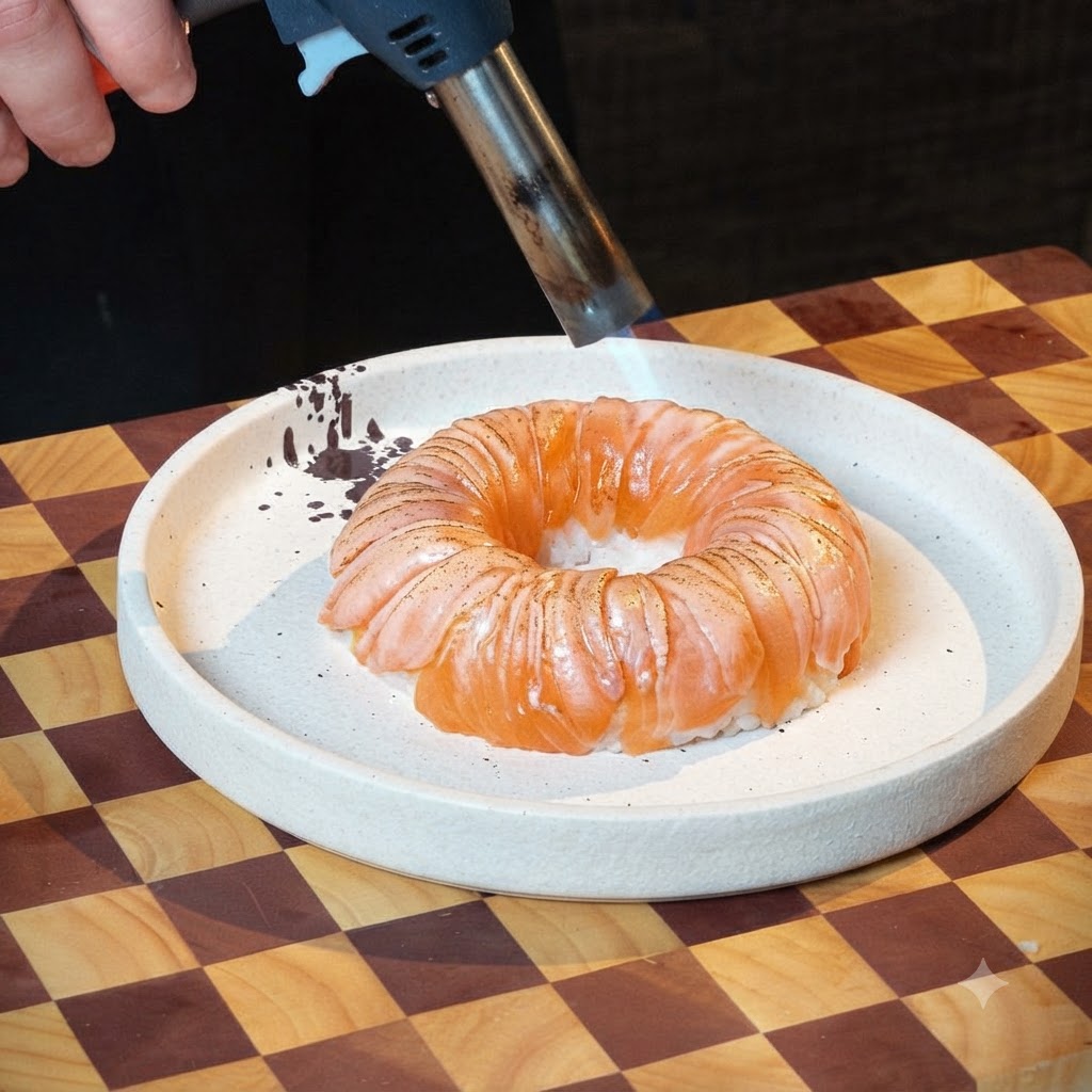 Un cannello da cucina che passa sulla superficie delle fette di salmone disposte a cerchio su un piatto bianco.