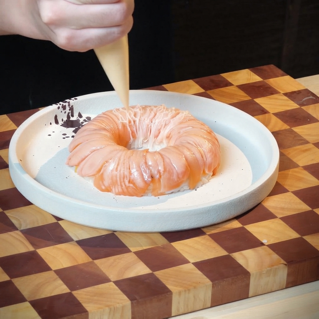 Una sac à poche che spreme linee di salsa sopra lanello di riso e salmone fiammeggiato su un piatto di ceramica.