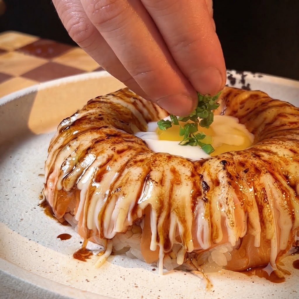 Cipollotti tritati e salsa di uova di pesce guarniti sopra luovo e lanello di salmone.