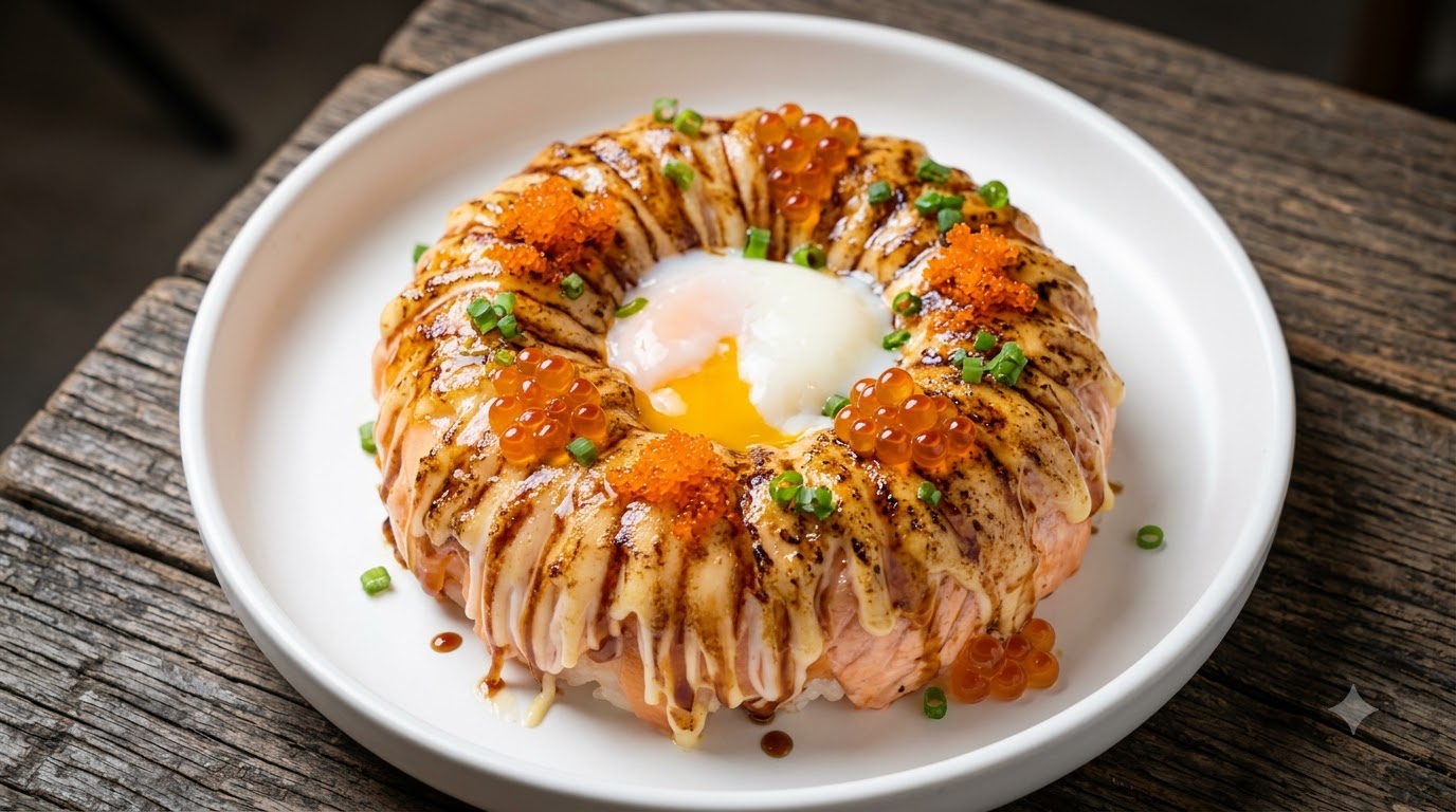 Un primo piano di una ciotola di riso con salmone fiammeggiato guarnita con salsa unagi dolce, maionese cremosa e un uovo morbido.