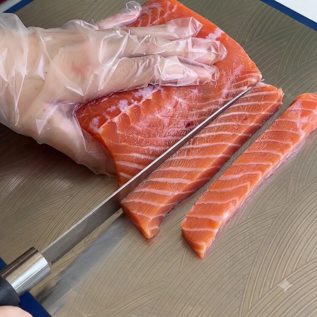 Una mano con un guanto di plastica che usa un coltello affilato per tagliare a dadini un filetto di salmone su una superficie metallica.