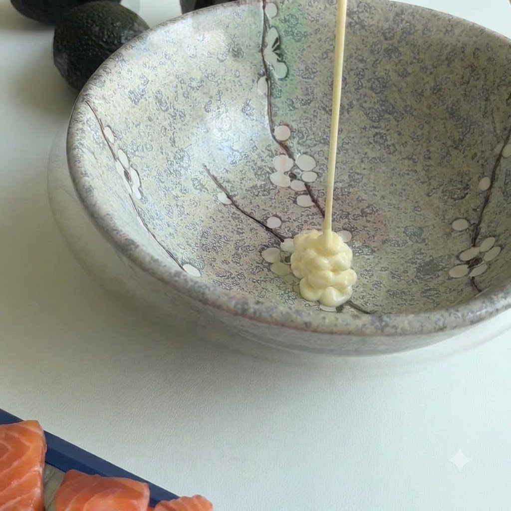 Maionese spremuta al centro di una ciotola di ceramica decorata con altri ingredienti vicini.