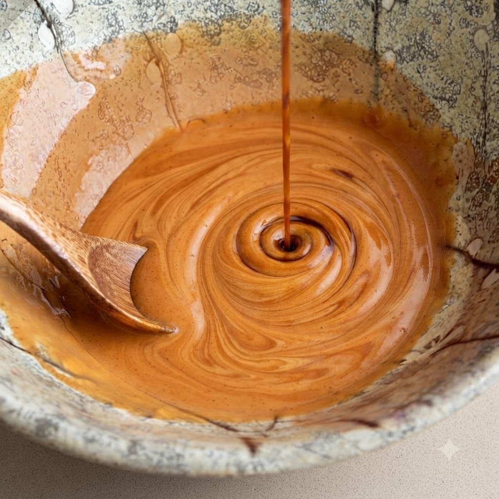 Un cucchiaio di legno che mescola una salsa arancione ricca e liscia allinterno di una ciotola di ceramica decorata.