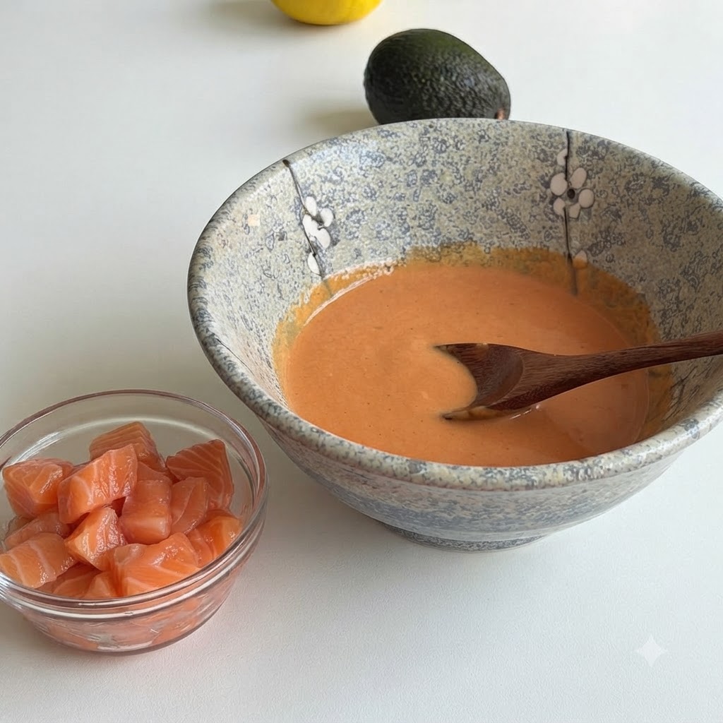 Una piccola ciotola di vetro piena di salmone crudo a dadini accanto a una ciotola di ceramica più grande piena della salsa arancione preparata.