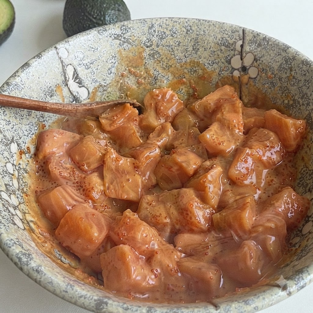 Cubetti di salmone mescolati accuratamente con salsa e uova di pesce allinterno di una ciotola di ceramica decorata con un cucchiaio di legno poggiato sul bordo.