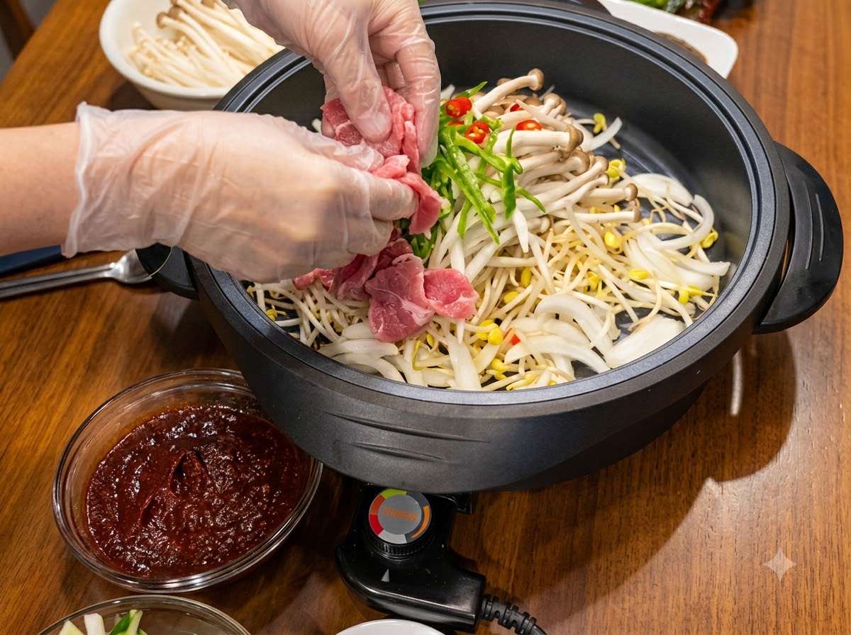 Mani che indossano guanti protettivi che dispongono carne cruda a fette attorno ai bordi di una padella piena di verdure.