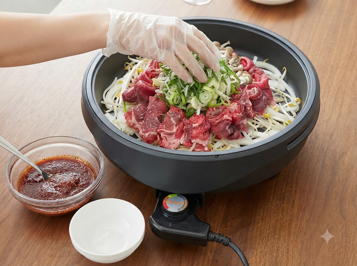 Mani con guanti che posizionano cipollotti verdi freschi sminuzzati direttamente al centro della carne e delle verdure nella padella.