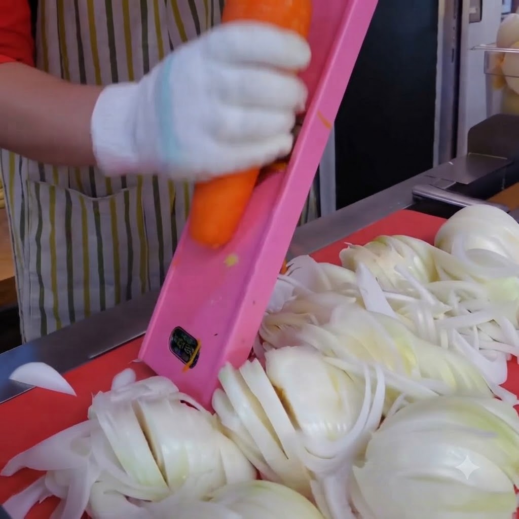 Una carota grattugiata manualmente in sottili strisce con una mandolina rosa sopra un tagliere rosso.