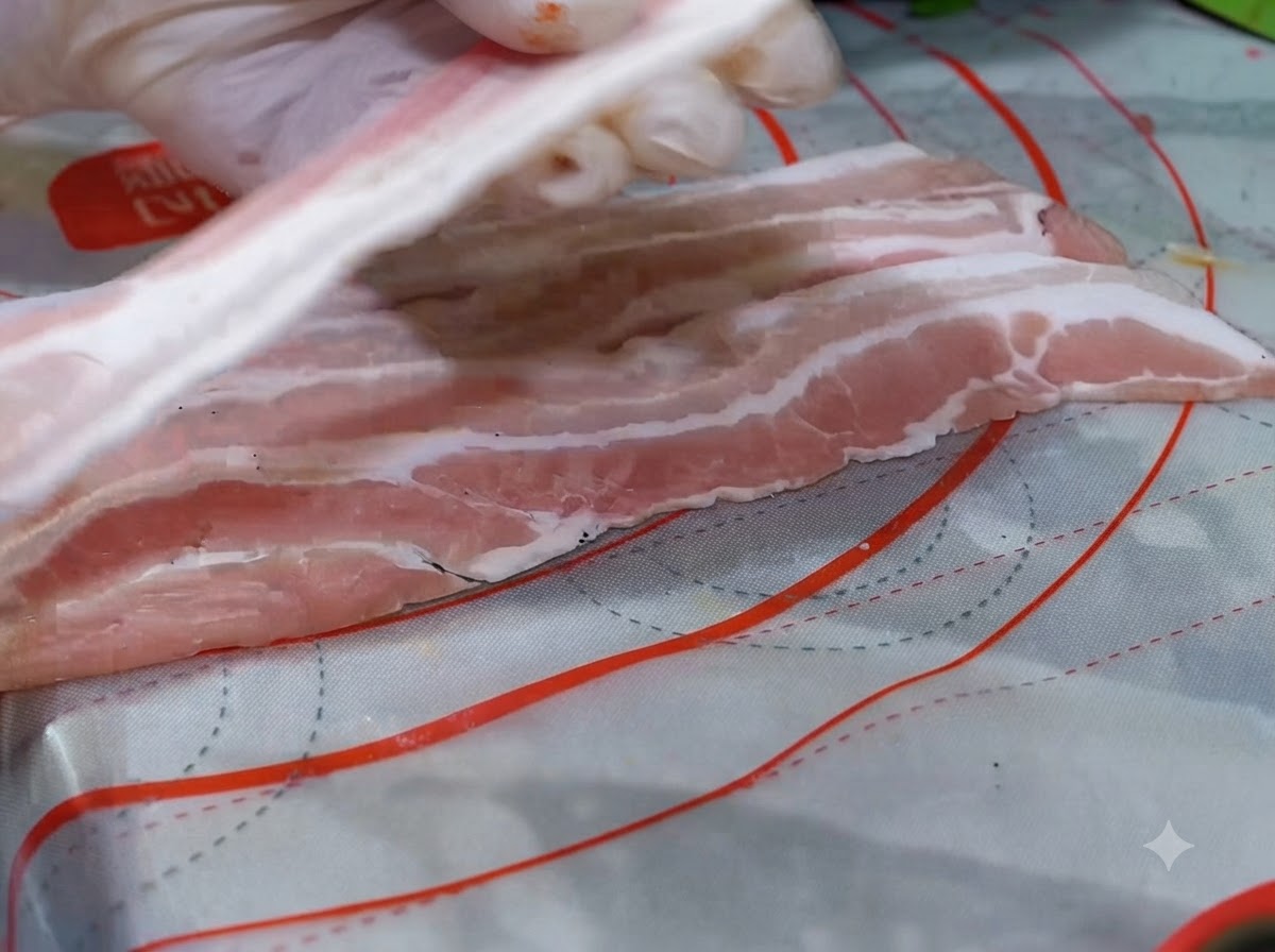 Fette spesse di pancetta di maiale cruda disposte in piano con pepe nero cosparso sopra.