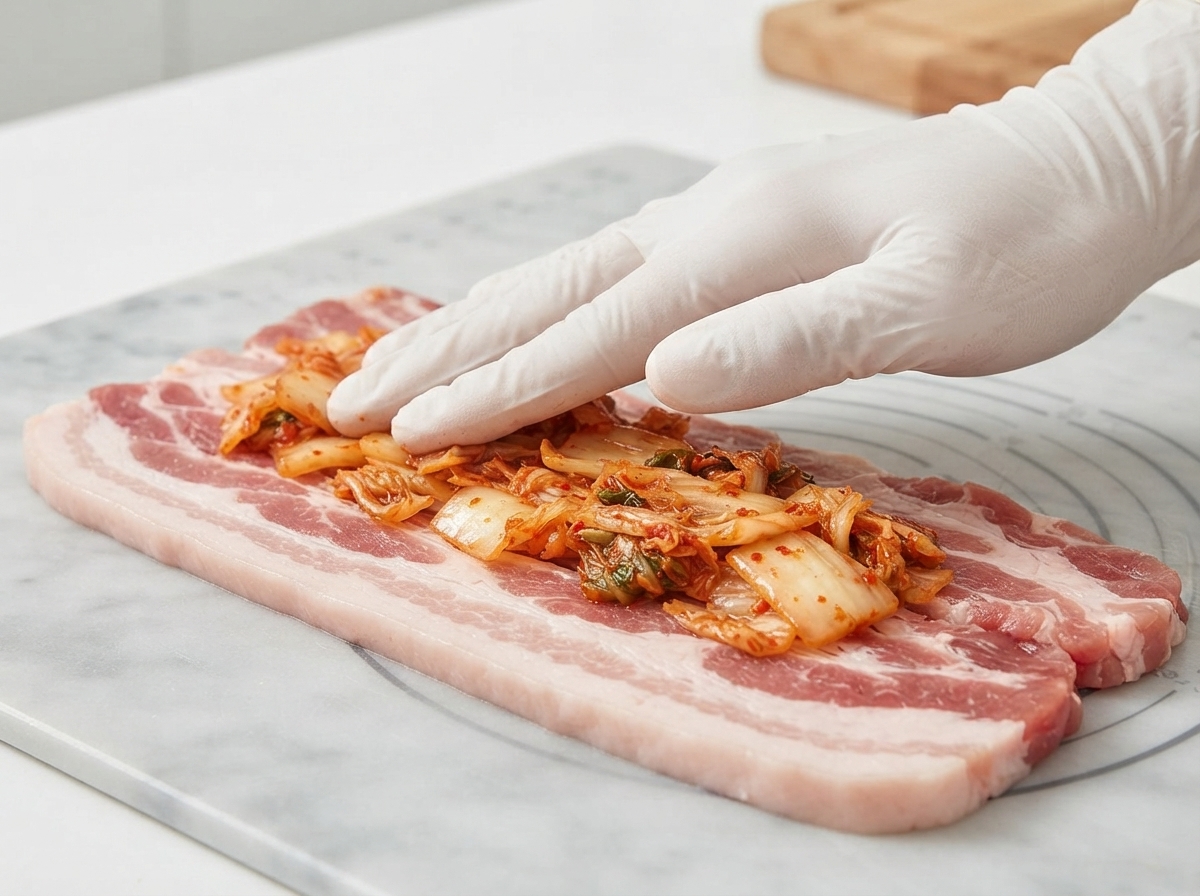Kimchi piccante disposto al centro sopra fette spesse di pancetta di maiale su un asse di marmo.