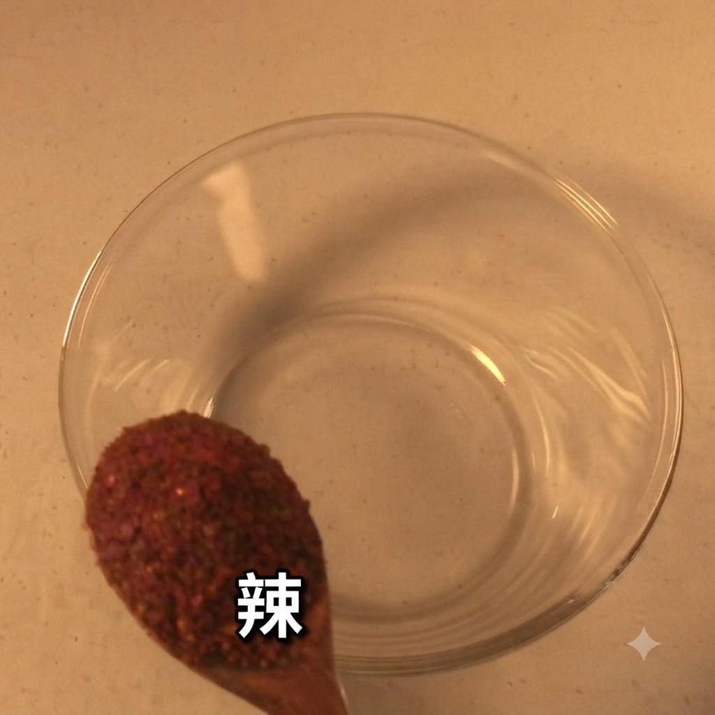 Un cucchiaio di peperoncino rosso in polvere tenuto sopra una ciotola di vetro vuota.