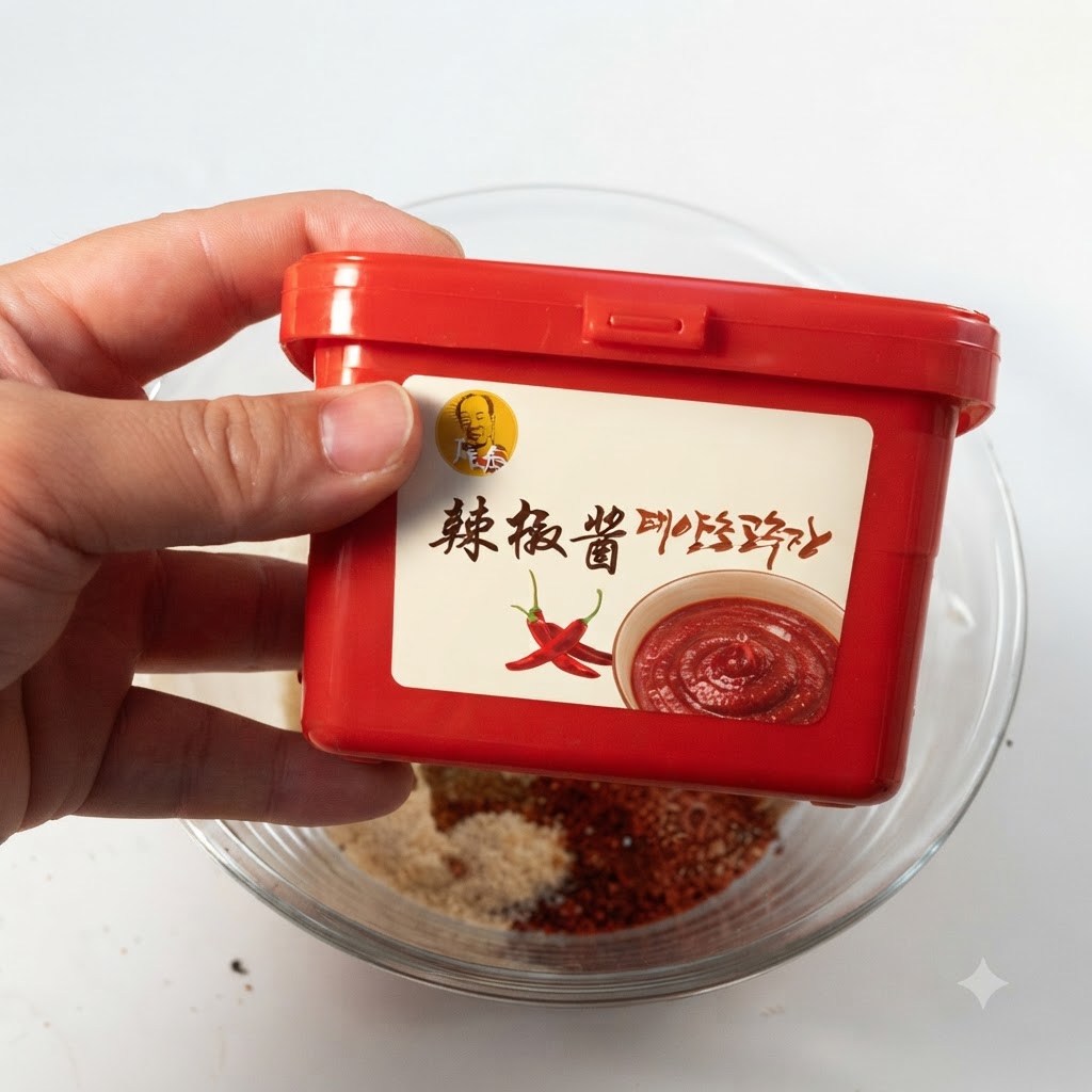 Una mano che tiene una vaschetta rossa di pasta di peperoncino coreana sopra la ciotola dei condimenti.