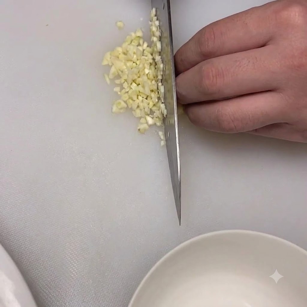 Aglio tritato fresco e zucchero semolato combinati allinterno di una piccola ciotola bianca.
