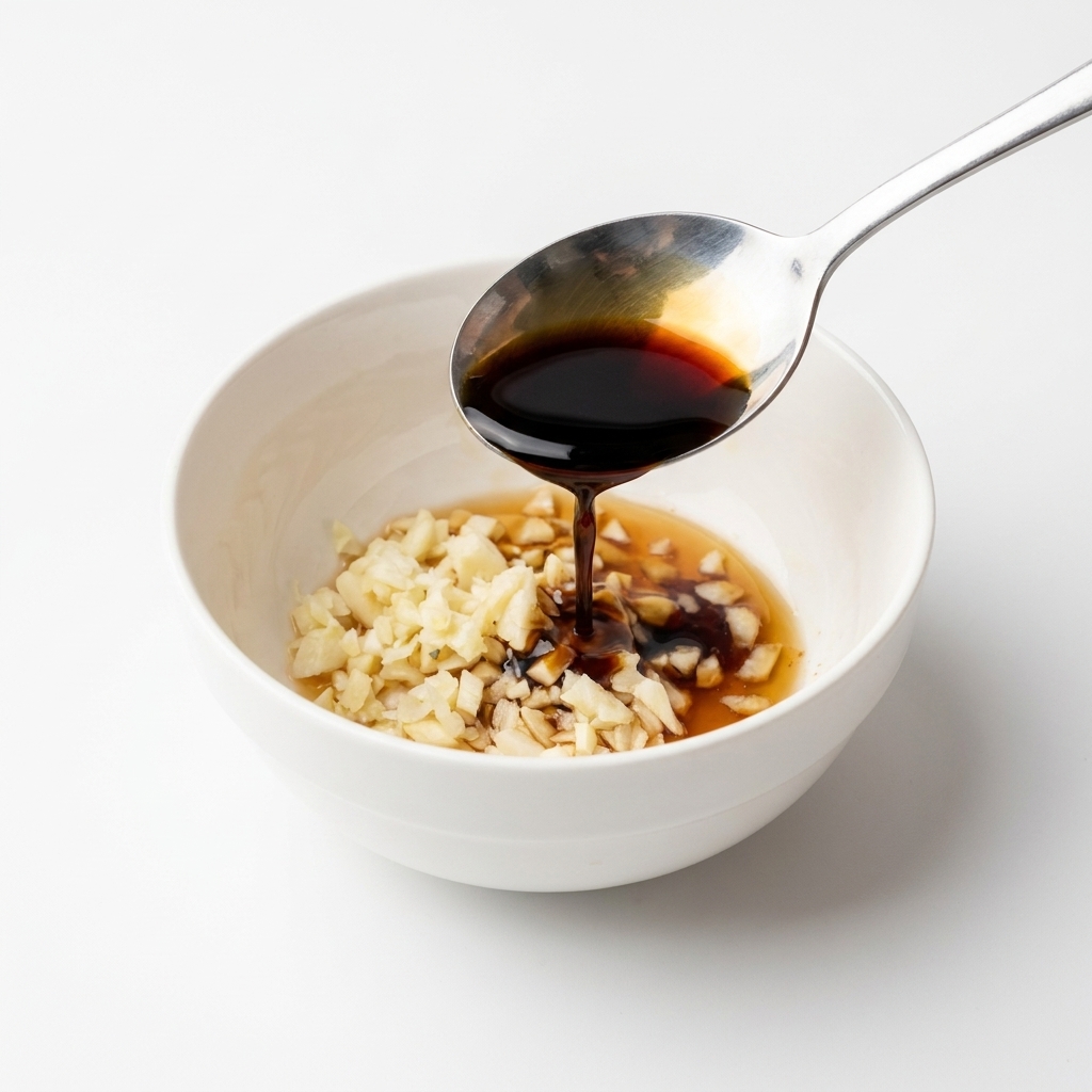 Salsa di soia scura versata da un cucchiaio in una ciotola con aglio e zucchero.