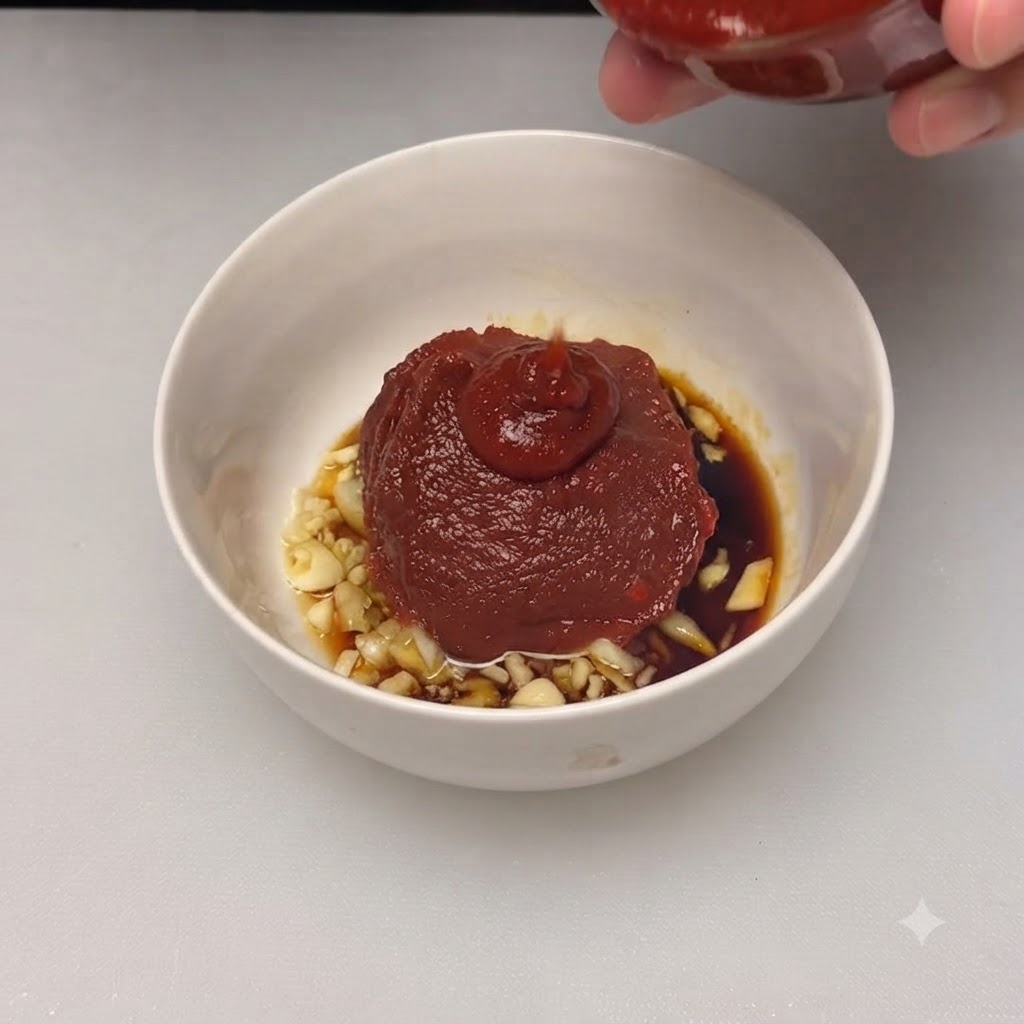 Un grande mucchietto di pasta di peperoncino rosso densa al centro della ciotola di miscelazione.