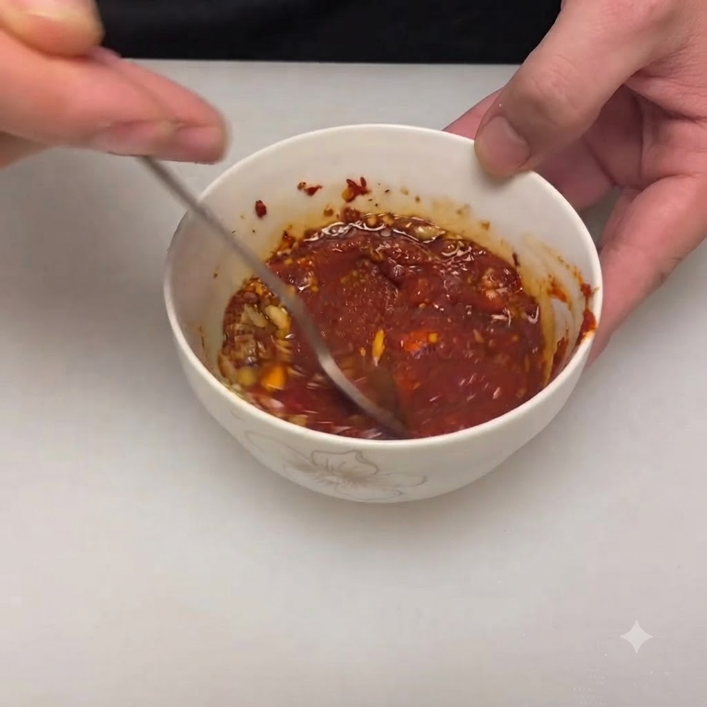 Un cucchiaio che mescola la ricca e densa salsa di peperoncino rosso allinterno della ciotola.