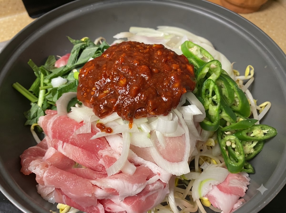 Salsa di peperoncino rosso raccolta e versata sopra gli ingredienti crudi disposti a strati.