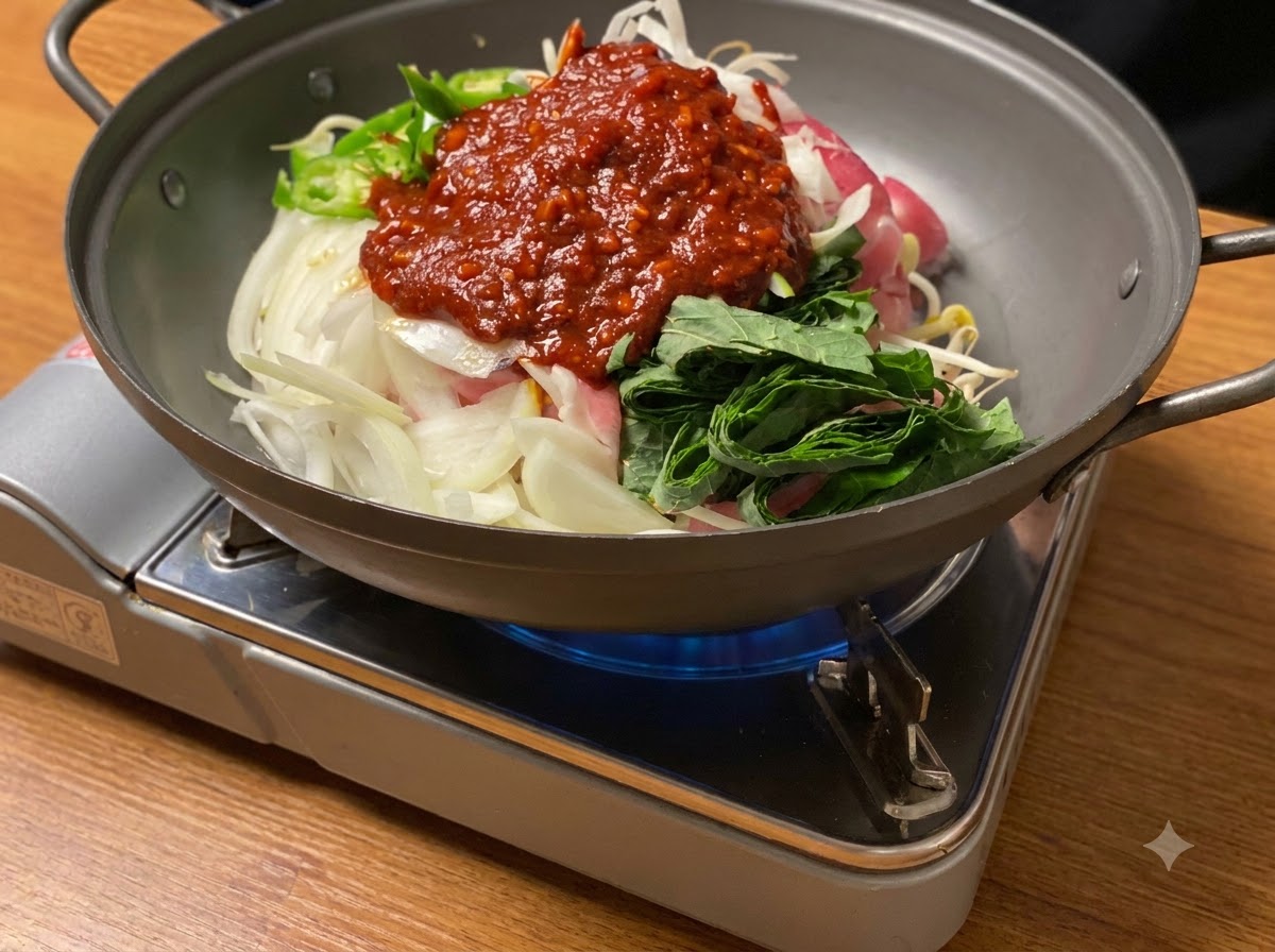 Ingredienti che sobbollono in una padella su una fiamma a gas, con la salsa rossa che si mescola alla carne e alle verdure in cottura.
