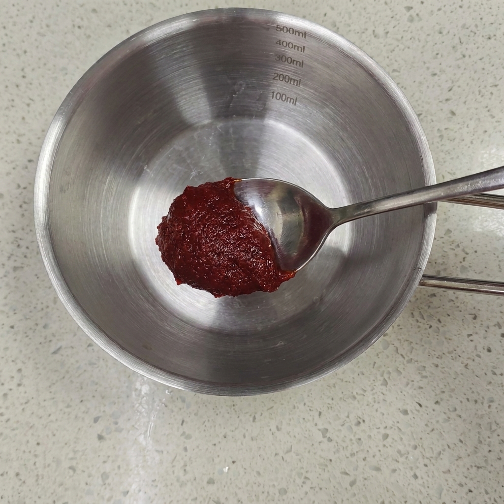 Un cucchiaio di pasta di peperoncino rossa tenuto sopra una ciotola in acciaio inossidabile con segni di misurazione sul lato.