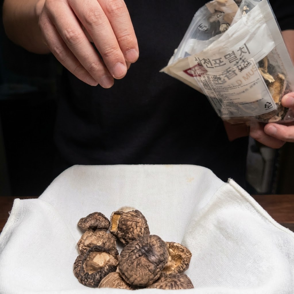Funghi essiccati e altri ingredienti per il brodo inseriti allinterno di un sacchetto di stoffa a rete bianca.