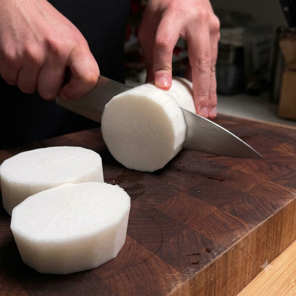 Fette spesse di ravanello bianco fresco tagliate con un coltello da cucina su un tagliere di legno.