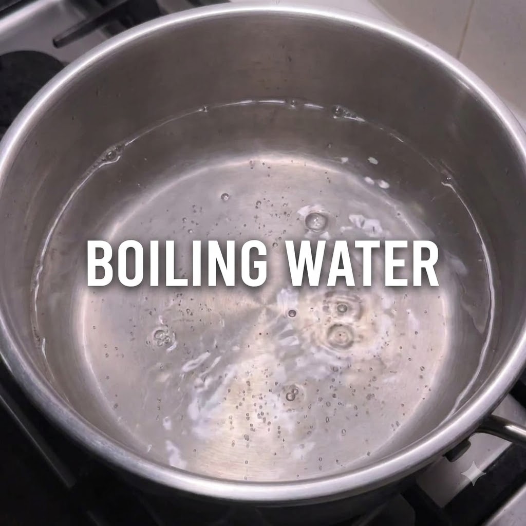 Un intero foglio piatto di torta di pesce scongelata immerso in una pentola di brodo bollente.