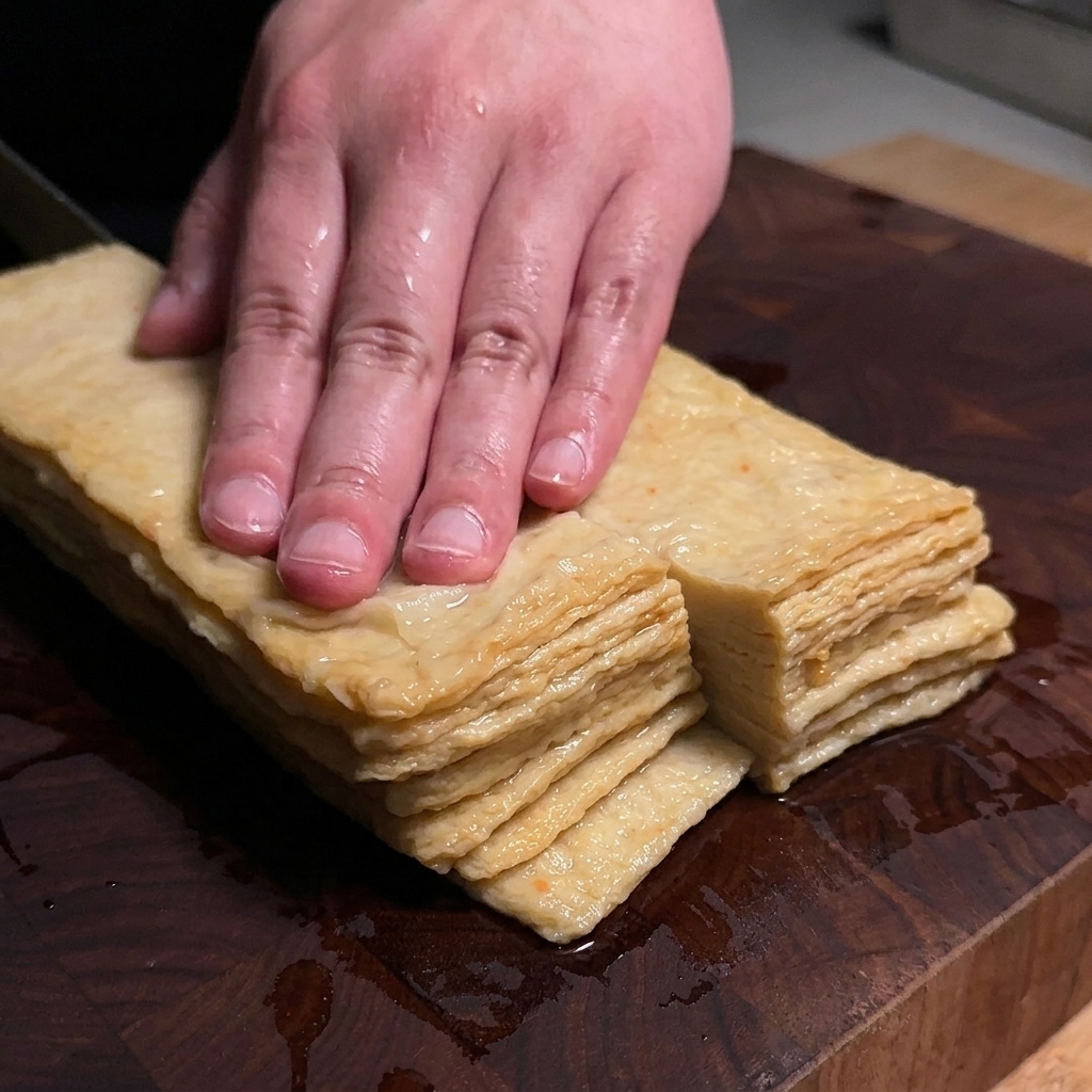 Una pila di fogli di torta di pesce piatti cotti tagliati a strisce con un coltello su un tagliere di legno.