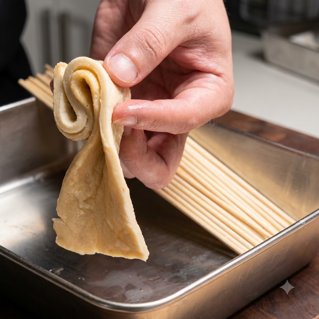 Una mano che piega e infilza una striscia di torta di pesce su uno spiedino di bambù di legno.