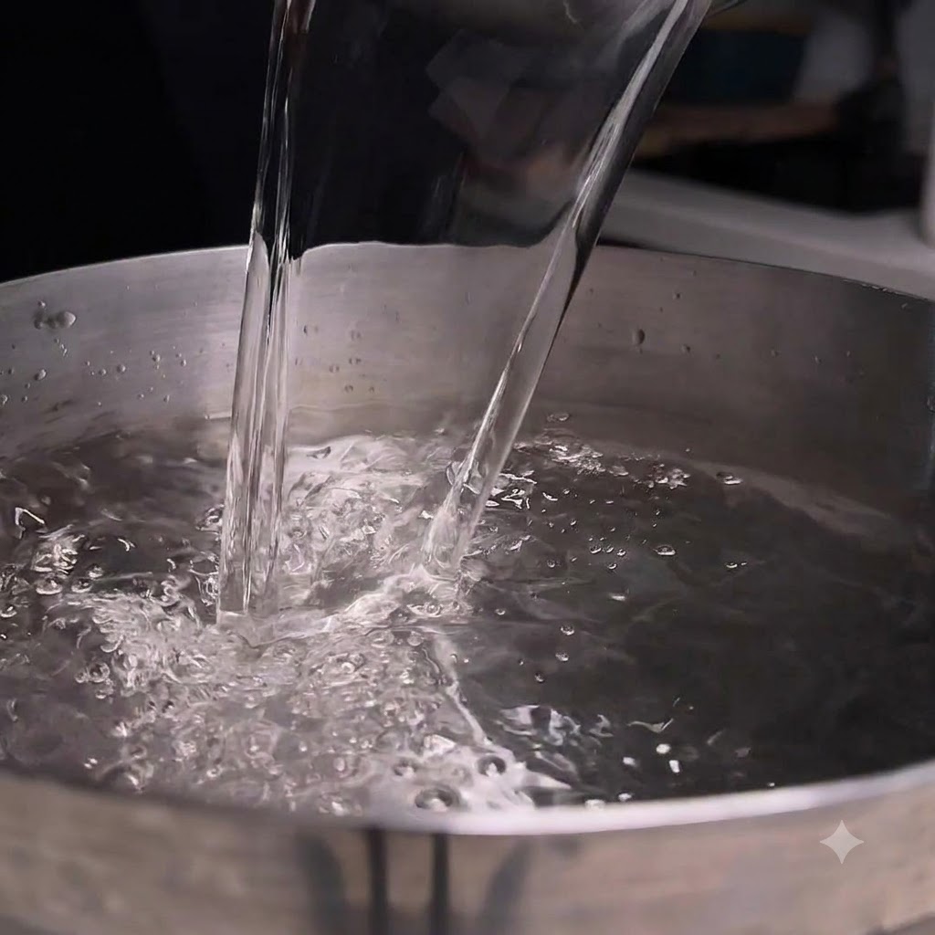 Acqua versata da una caraffa trasparente in una pentola da cucina in metallo.