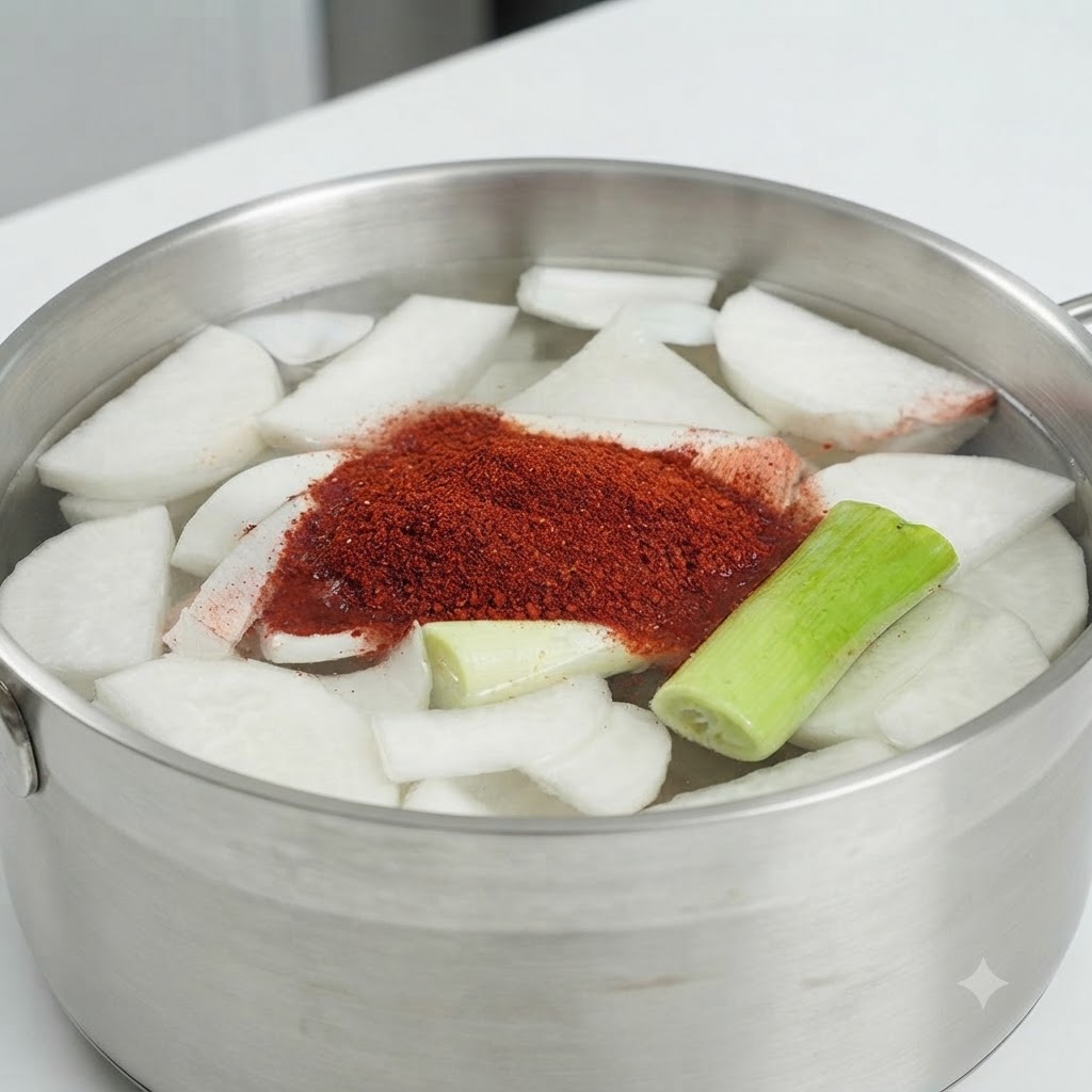 Una pentola di brodo vegetale riempita con fette di ravanello bianco, cipollotto e un mucchietto centrale di peperoncino rosso in polvere e pasta di salsa piccante coreana.