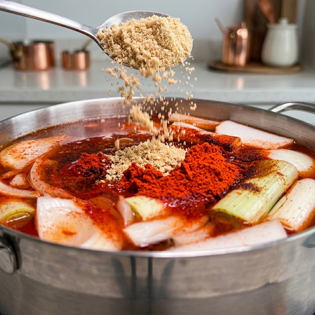 Un cucchiaio di polvere di arachidi versato in una grande pentola piena di salsa rossa piccante bollente e verdure affettate.