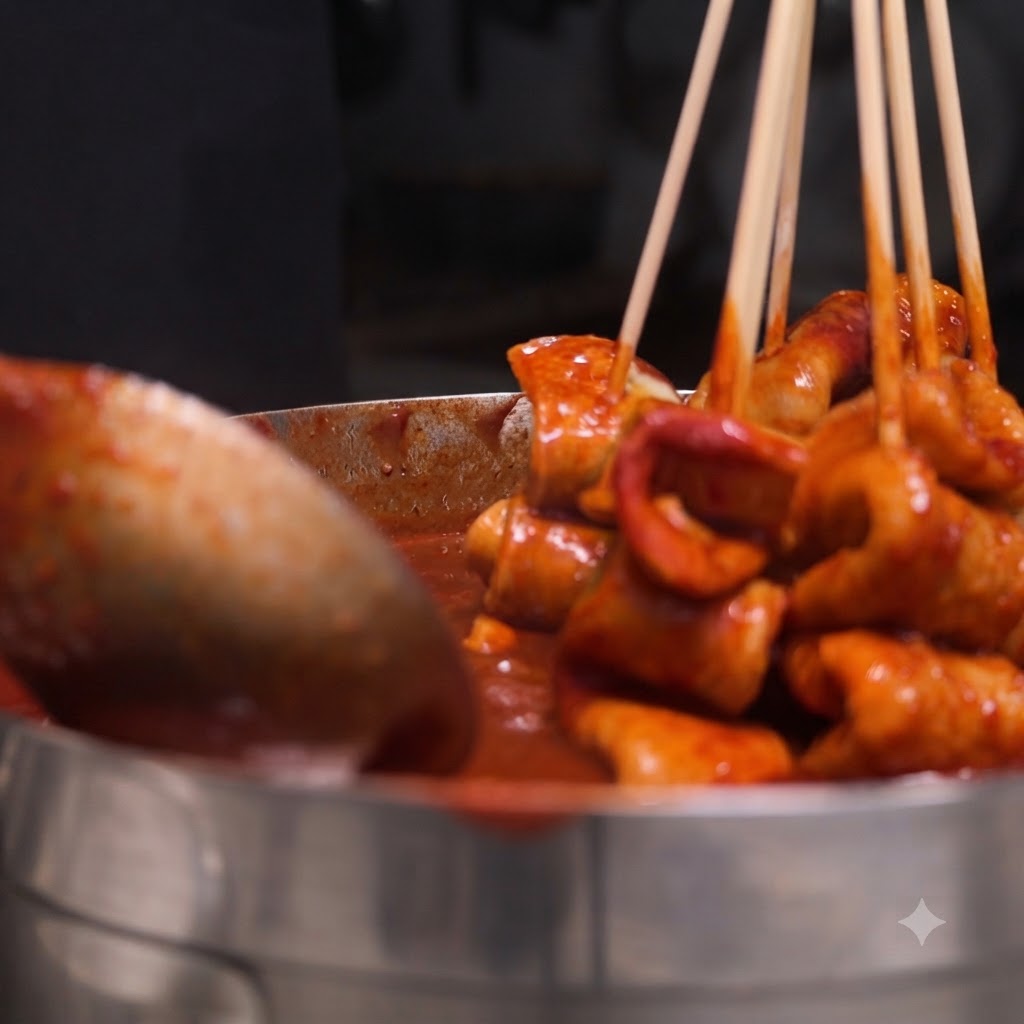 Spiedini di torte di pesce immersi in una pentola di salsa rossa piccante densa e bollente con un mestolo.