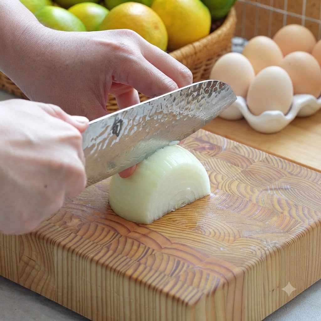 Mezza cipolla tagliata a piccoli pezzi su un tagliere di legno con un coltello da cucina.